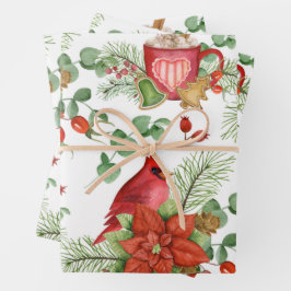 Hoja De Papel De Regalo Navidades de acuarela Poinsettia y Cardenal Rojo 