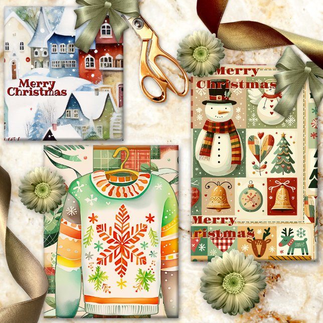 Hoja De Papel De Regalo Navidades de acuarela retro caprichosos (Cute Christmas wrapping paper sheets with a variety of different retro designs )