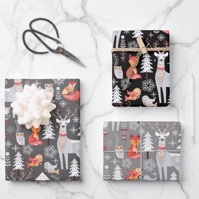 Hoja De Papel De Regalo Navidades de animales boscosos escandinavos (Anverso)