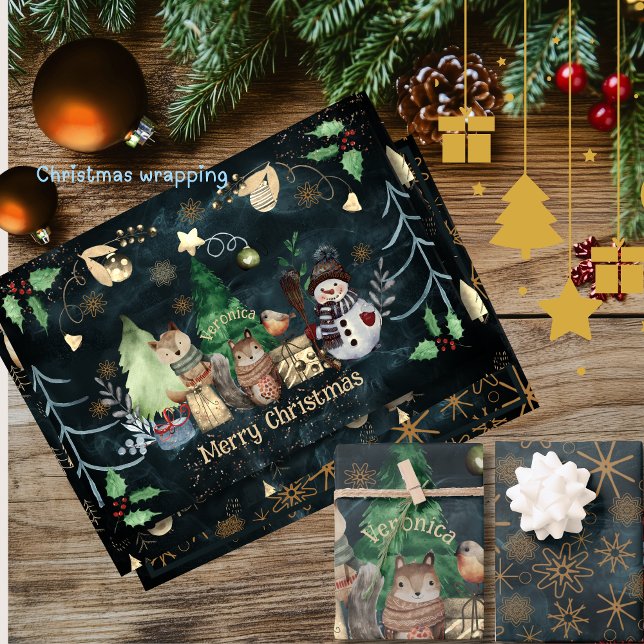 Hoja De Papel De Regalo Navidades de animales de Woodland Verde azulados (Woodland Animals Christmas Teal Wrapping Paper Sheets)
