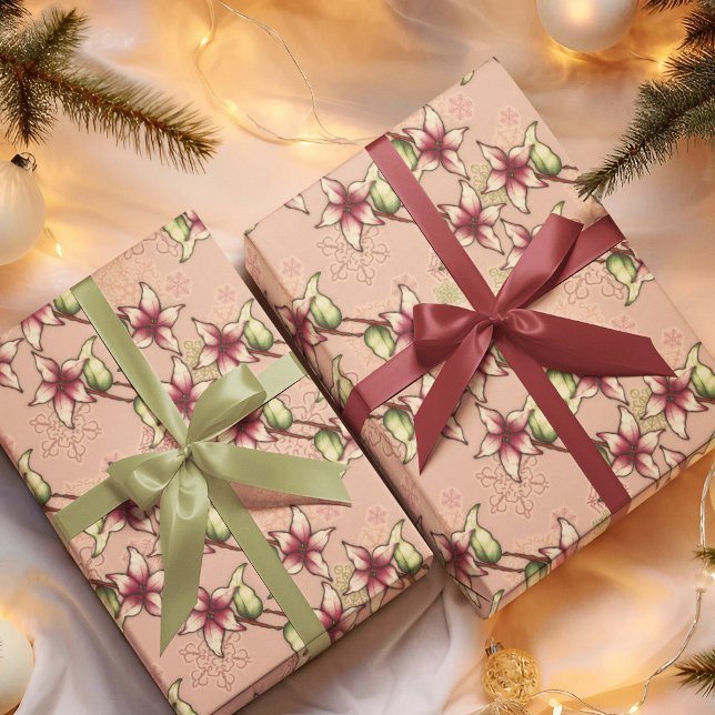 Hoja De Papel De Regalo Navidades de banda diagonal de punción rosada (Pink Poinsettia Diagonal Stripe Christmas Wrapping Paper)