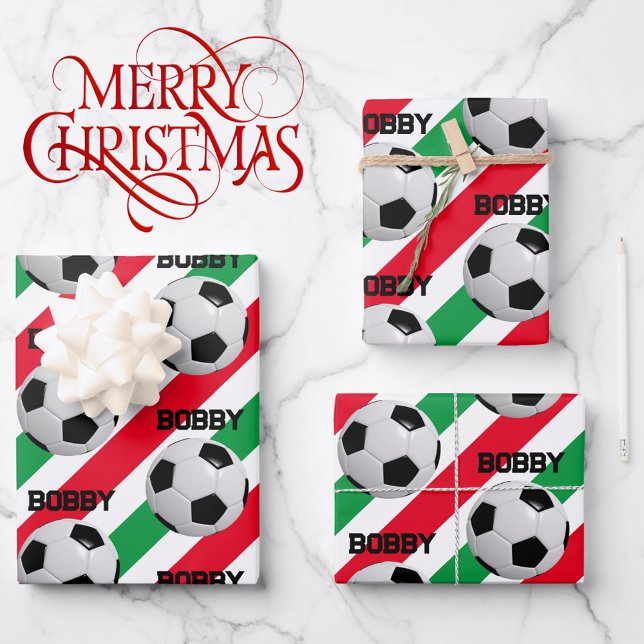 Hoja De Papel De Regalo Navidades de bolas de fútbol añaden nombre 3 niños (Subido por el creador)