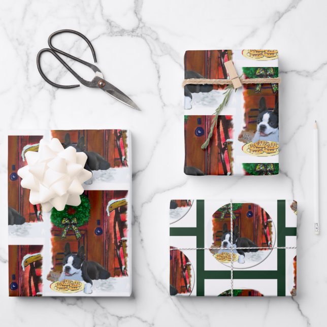 Hoja De Papel De Regalo Navidades de Boston Terrier (Anverso)