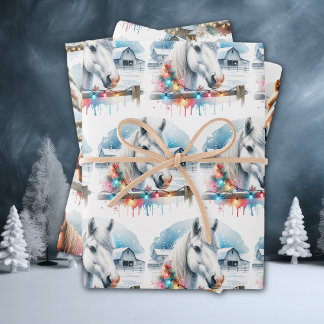 Hoja De Papel De Regalo Navidades de caballos festivos de color de agua