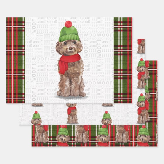Hoja De Papel De Regalo Navidades de Cockapoo marrón perro y vestido (Set)