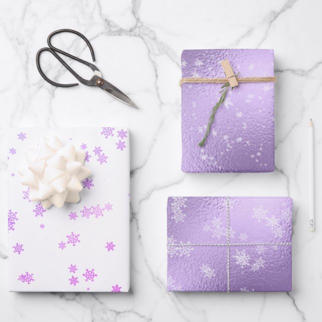 Hoja De Papel De Regalo Navidades de copos de nieve de festividades morada (Anverso)