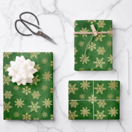 Hoja De Papel De Regalo Navidades de copos de nieve verde esmeralda y oro