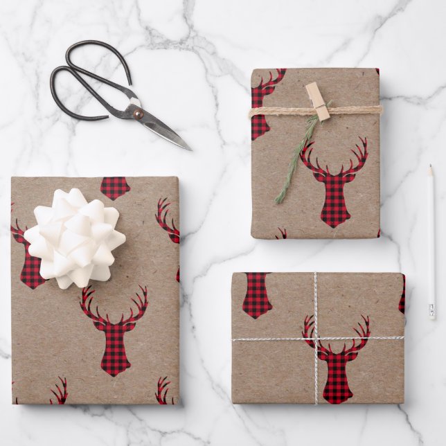 Hoja De Papel De Regalo Navidades de Deer Kraft Plaid (Anverso)