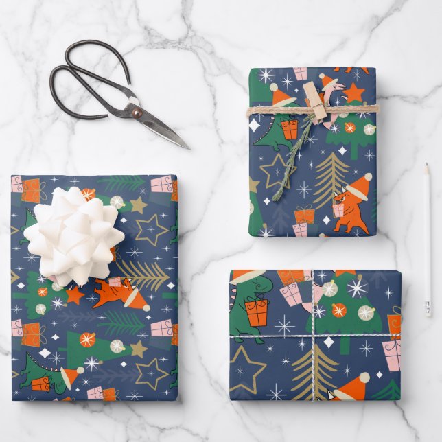 Hoja De Papel De Regalo Navidades de dinosaurios Fiesta Azul (Anverso)