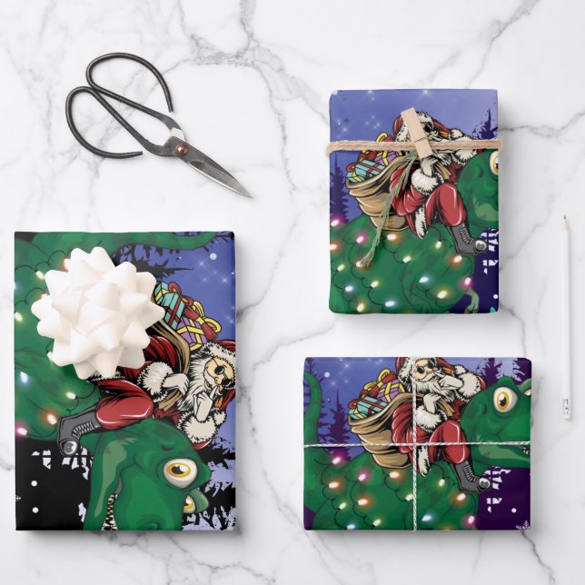 Hoja De Papel De Regalo Navidades de Dinosaurios Santa Claus (Anverso)