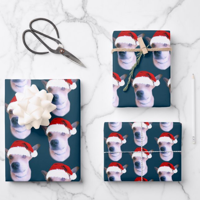 Hoja De Papel De Regalo Navidades de foto azul de perro personalizados (Anverso)