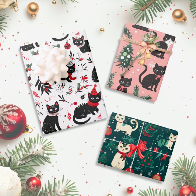 Hoja De Papel De Regalo Navidades de gatos retro (Cute Retro Cats Christmas Wrapping Paper, set of 3 sheets)