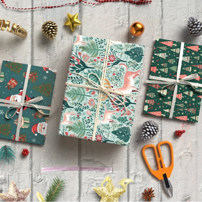 Hoja De Papel De Regalo Navidades de Green Cute conjunto de 3 (Green Cute Christmas set of 3 Wrapping Paper Sheet)