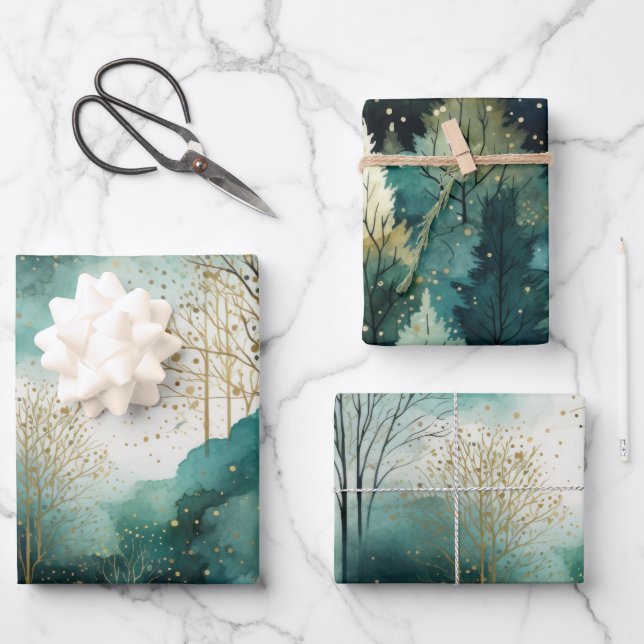 Hoja De Papel De Regalo Navidades de Green Gold Trees (Anverso)