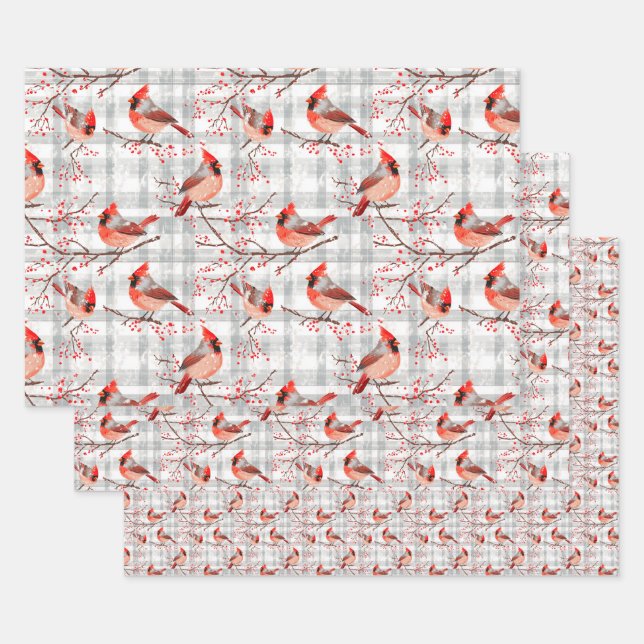 Hoja De Papel De Regalo Navidades de invierno de las aves cardinales Tartá (Set)