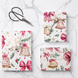 Hoja De Papel De Regalo Navidades de las campanas de oro de los arcos rosa