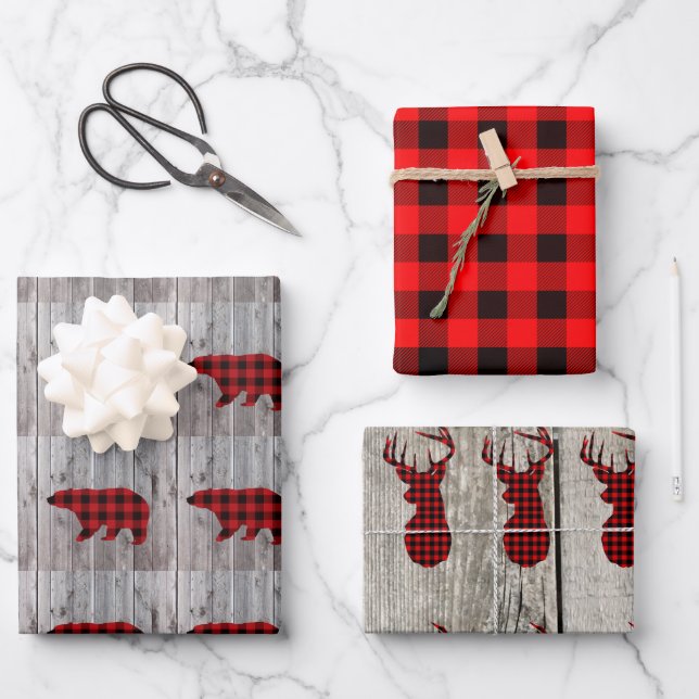 Hoja De Papel De Regalo navidades de madera rústica cheque de búfalo rojo  (Anverso)