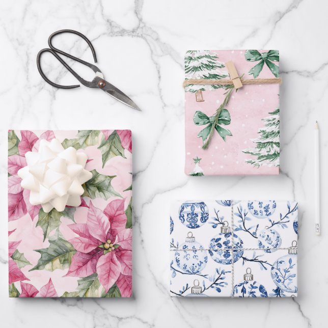 Hoja De Papel De Regalo Navidades de moda Floral de Poinsettia rosa (Anverso)