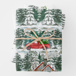Hoja De Papel De Regalo Navidades de nieve Cabinas y camión rojo