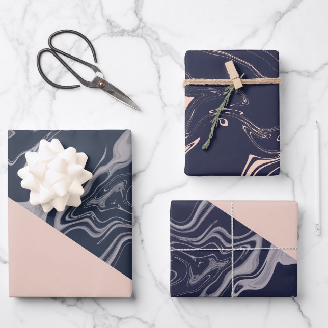 Hoja De Papel De Regalo Navidades de oro Rosa y azul marino (Anverso)