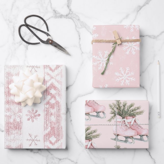 Hoja De Papel De Regalo Navidades de patinaje sobre hielo con copos de nie (Anverso)