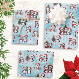 Hoja De Papel De Regalo Navidades de Penguins de la Cuta Roja y Azul de Na