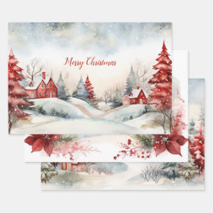 Hoja De Papel De Regalo Navidades de pinos verdes rojos
