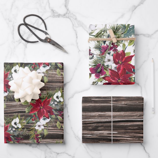 Hoja De Papel De Regalo Navidades de Poinsettias Rojas de Madera Rusa Pine (Anverso)