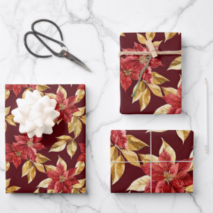 Hoja De Papel De Regalo Navidades de Poinsettias Rojas de Oro