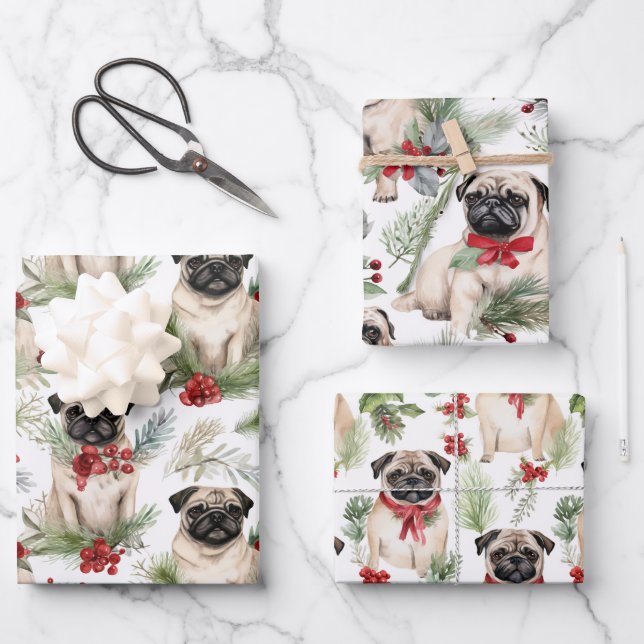 Hoja De Papel De Regalo Navidades de pug rústico acuarela (Anverso)