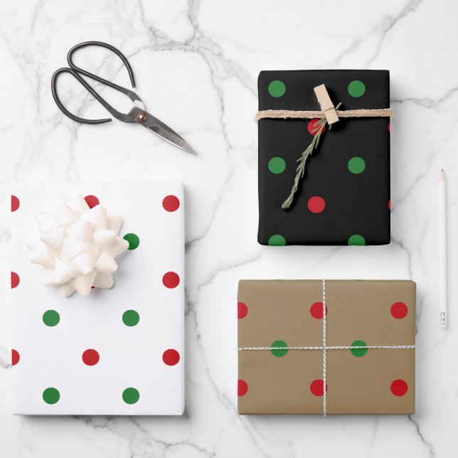 Hoja De Papel De Regalo Navidades de puntos de polka verde blanco rojo neg (Anverso)