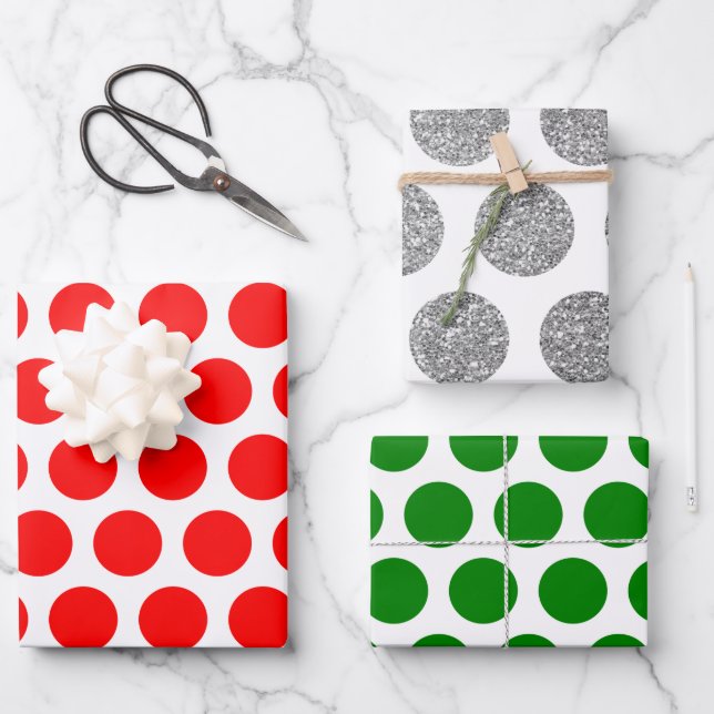 Hoja De Papel De Regalo Navidades de puntos polka verde rojo Purpurina (Anverso)