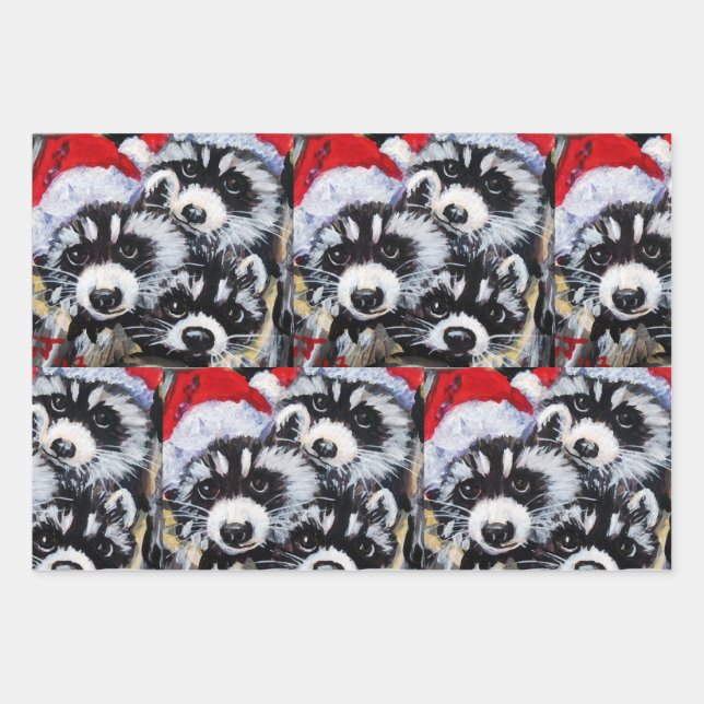 Hoja De Papel De Regalo Navidades de Raccoons Santa Hat Arte original (Anverso)