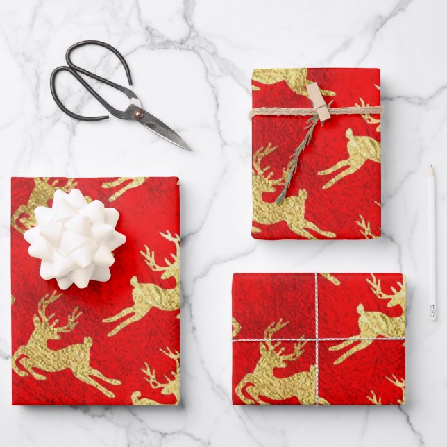 Hoja De Papel De Regalo Navidades de renos rojos y Relieves metalizados do (Anverso)