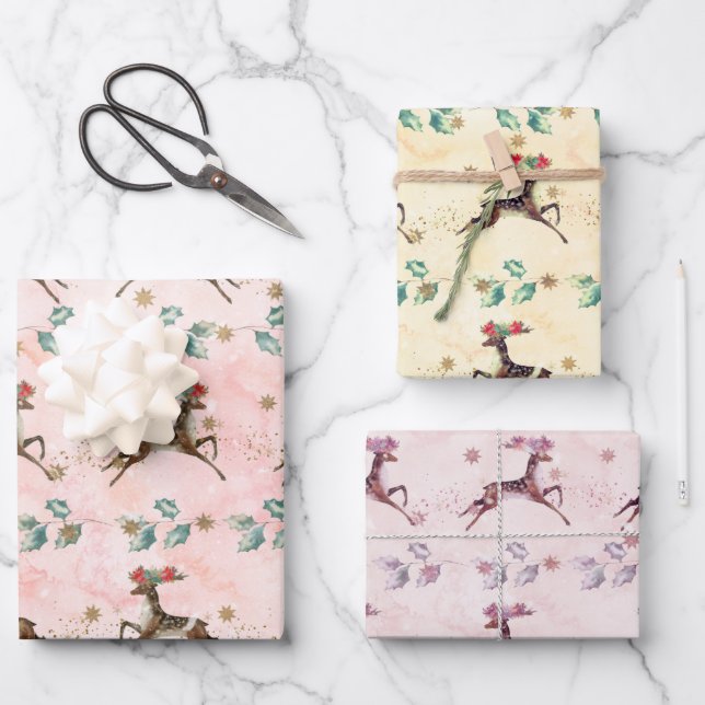 Hoja De Papel De Regalo Navidades de renos y vegetación acuáticos (Anverso)