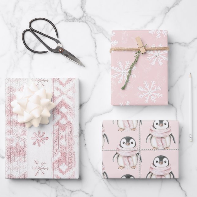 Hoja De Papel De Regalo Navidades de Snowflakes con pinguino rosa (Anverso)