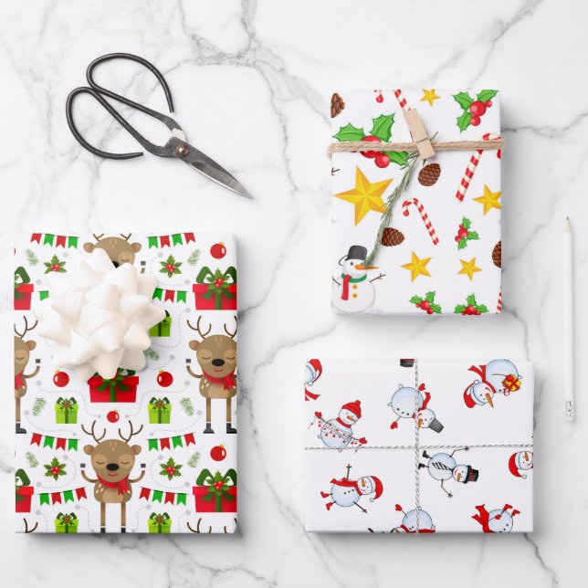 Hoja De Papel De Regalo Navidades de Snowman Candy Stars renos (Anverso)