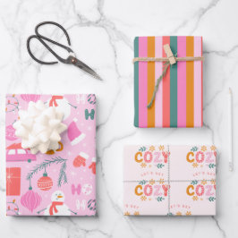 Hoja De Papel De Regalo Navidades de Snowman rosa brillante y acogedor