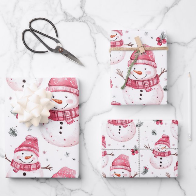 Hoja De Papel De Regalo Navidades de Snowman Rosado (Anverso)