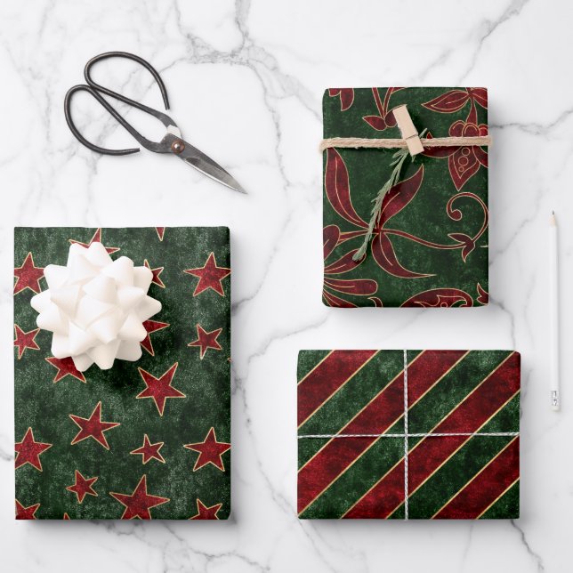 Hoja De Papel De Regalo Navidades de terciopelo rojo, verde y dorado (Anverso)
