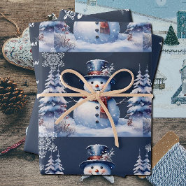 Hoja De Papel De Regalo Navidades de Winter Forest Snowman | Azul
