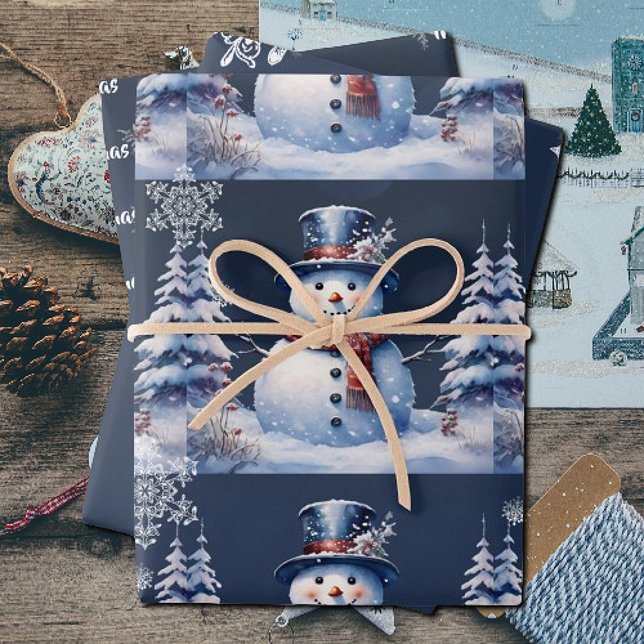 Hoja De Papel De Regalo Navidades de Winter Forest Snowman | Azul (Winter Forest Snowman Christmas Wrapping Paper Sheets)