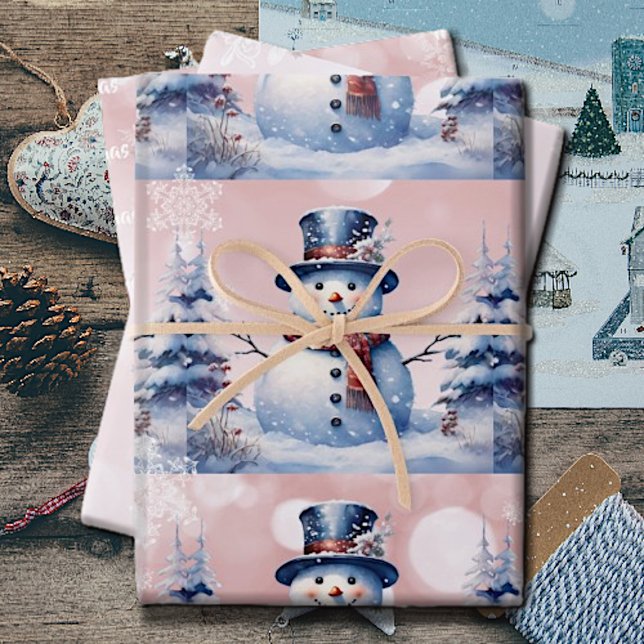 Hoja De Papel De Regalo Navidades de Winter Forest Snowman | Rosa (Pink Winter Forest Snowman Christmas Wrapping Paper Sheets)