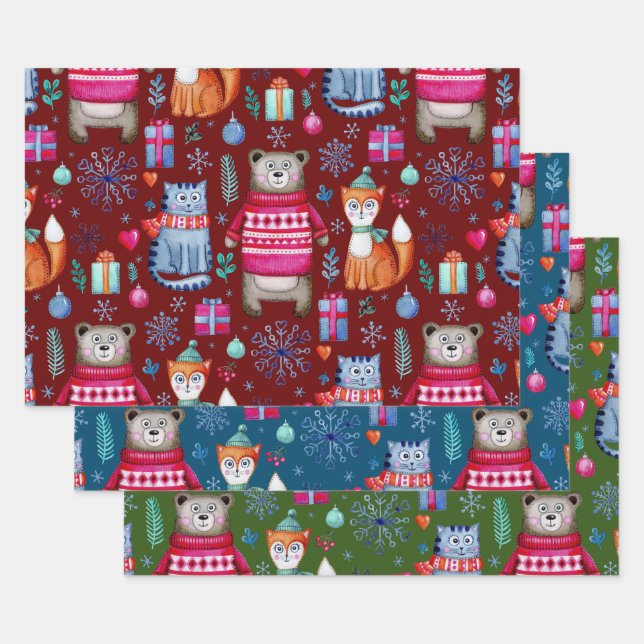 Hoja De Papel De Regalo Navidades de Woodland Winter Forest Bear Cat Fox (Set)