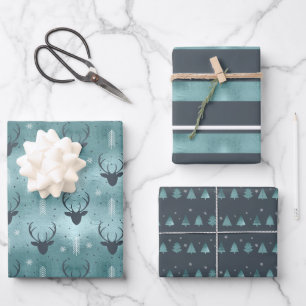 Hoja De Papel De Regalo Navidades Deer Antler, Stripes, Árboles Verde azul