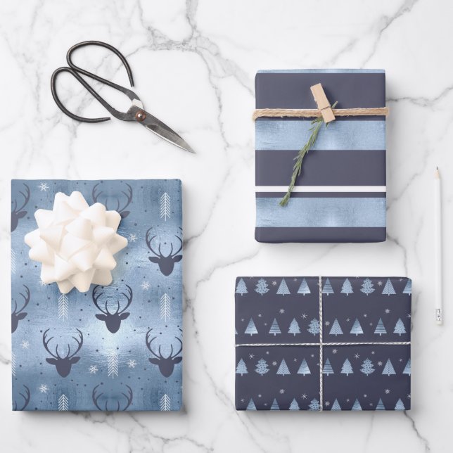 Hoja De Papel De Regalo Navidades Deer Antler, Stripes, Trees Blue ID864 (Anverso)
