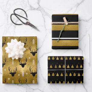 Hoja De Papel De Regalo Navidades Deer Antler, Stripes, Trees Gold ID864