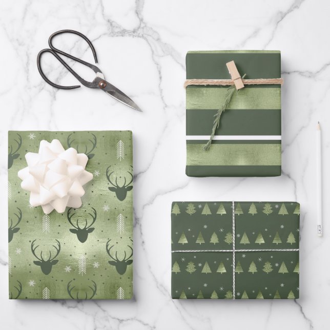 Hoja De Papel De Regalo Navidades Deer Antler, Stripes y Fir Trees ID864 (Anverso)