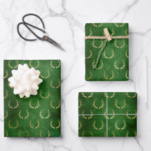 Hoja De Papel De Regalo Navidades del Boho Green Gold Antlers