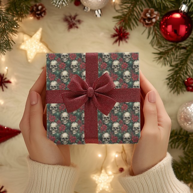 Hoja De Papel De Regalo Navidades del cráneo gótico envolviendo esqueleto  (Skull goth Christmas Wrapping Holiday pointsettas)